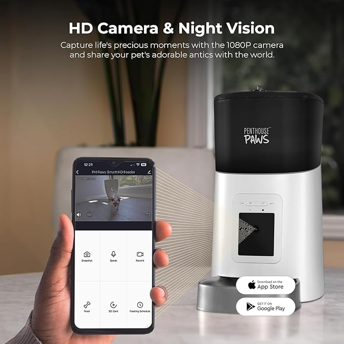 Smart HD Automatic Cat Feeder with 1080P Camera & Night Vision, 2-Way Audio, WiFi App Control, Anti-Jam 6L Pet Feeder with Battery Backup, Schedules Up to 15 Meals for Cat & Dog White Stainless Steel