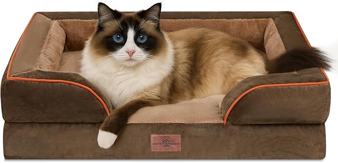 Comfort Expression Orthopedic Dog Bed for Small Dogs 20x14 Inch, Waterproof Supportive Egg Crate Foam Small Pet Bed with Removable Bolsters, Dog Couch with Washable Cover & Non-Slip Bottom, Brown