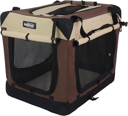 EliteField 4-Door Folding Soft Dog Crate with Curtains, Carrying Bag and Fleece Bed (2 Year Warranty), Indoor & Outdoor Pet Home (42" L x 28" W x 32" H, Brown+Beige)