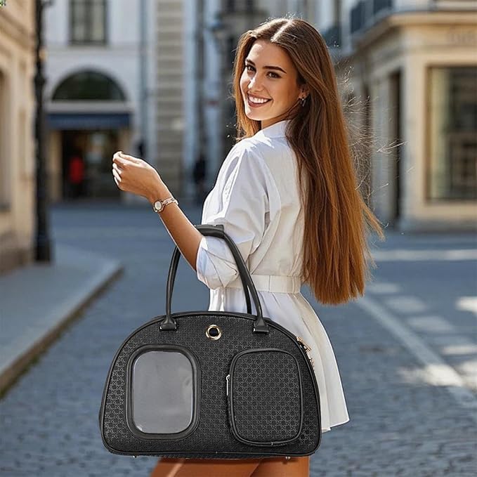 Stylish Luxury Dog Carrier Purse for Small Dogs, Ventilated Pet Soft-Sided Dog Cat Carrier Travel Tote Bag for Puppies Small Animals with Pockets (Black, 16.9inch x 9inch x 11.8inch(LxWxH))
