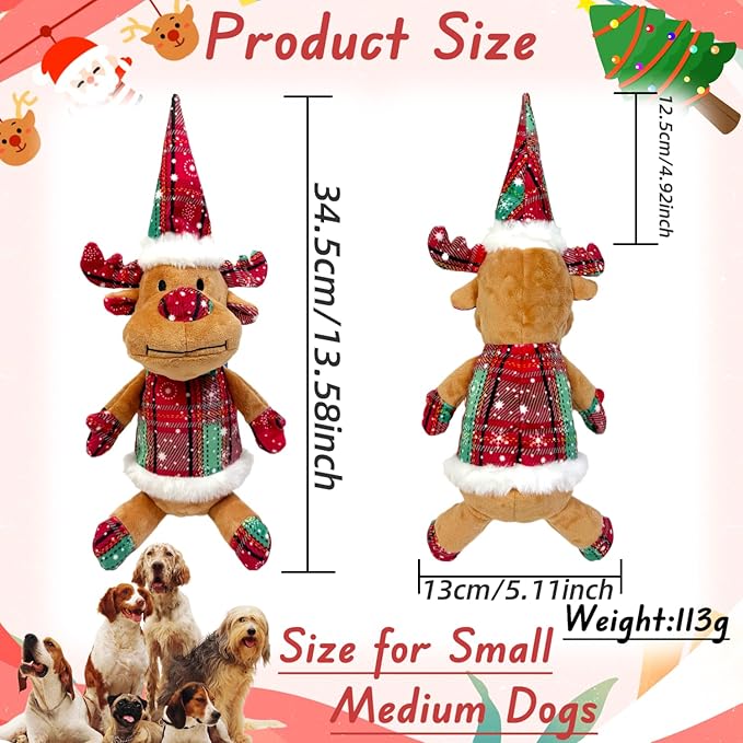 Christmas Dog Squeaky Toys with Crinkle, Xmas Interactive Plush Dog Toys, Dog Enrichment Chew Toys to Keep Them Busy, Dog Toys for Small Medium Large Size, Puppy Toys (Hat Deer)