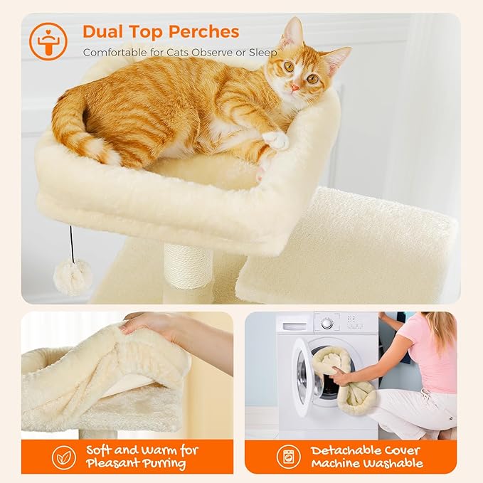 PAWZ Road Cat Tree, 53.5 Inches Tall Cat Tower with Spacious Hammocks, Condos and Scratching Posts, Cat House with Dual Padded Perches for Indoor Large Cats-Beige