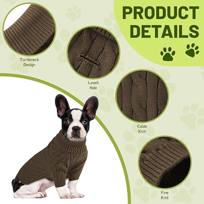 Small Dog Thermal Pullover Sweater, Classic Turtleneck Cable Knitwear Dog Clothes for Cold Weather Warm Pet Clothes for Chihuahua, Bulldog, Dachshund, Pug Tan Large
