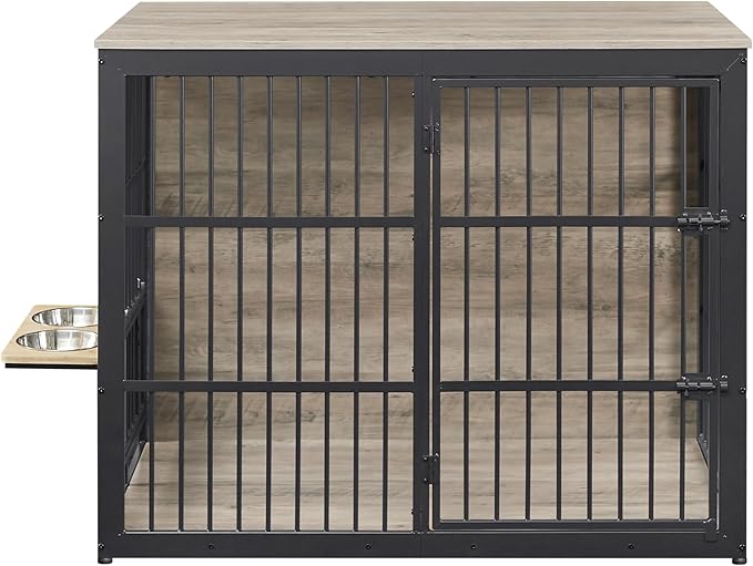 Dog Crate Furniture, 48 Inch Dog Kennel Furniture, Wooden ?�ƒog Crate Furniture Large Breed with Rotating ?˜‹og Bowls, Heavy Duty ?——og Cage Furniture Indoor,Decorative Dogs Crates End Table,Gray