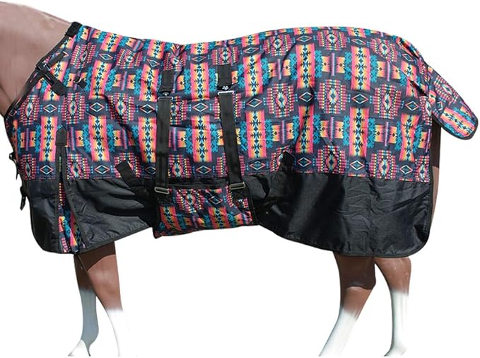 HILASON Black Aztec 66 in 1200D Winter Waterproof Poly Horse Turnout Blanket Belly Wrap