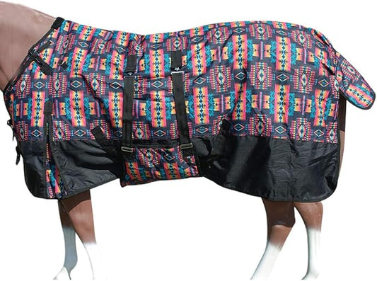 HILASON Black Aztec 76 in 1200D Winter Waterproof Poly Horse Turnout Blanket Belly Wrap