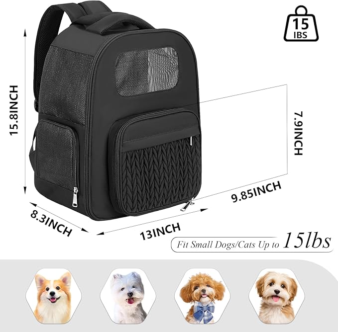 Pet Backpack Carrier for Small Cats Dogs Puppy Kitten Up to 15lbs, Stylish Lightweight Breathable Mesh with Pocket, Airline Approved Travel Foldable Pet Bag (Black, 13inch x 8.3inch x 15.8inch(LxWxH))