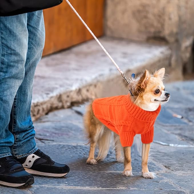 Queenmore Small Dog Pullover Sweater, Cold Weather Cable Knitwear, Classic Turtleneck Thick Warm Clothes for Chihuahua, Bulldog, Dachshund, Pug (Orange, Large)