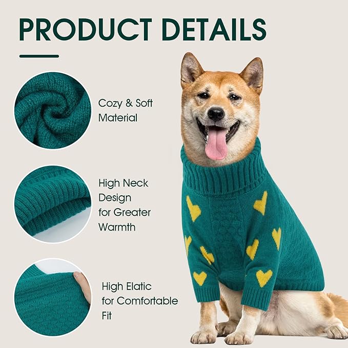 Kuoser Dog Sweater,Warm Dog Sweaters for Medium Dogs,Turtleneck Knitted Dogs Sweater Christmas Outfit,Cold Weather Pet Winter Clothes Doggie Pullover Girls Boys for Fall Xmas,Green M
