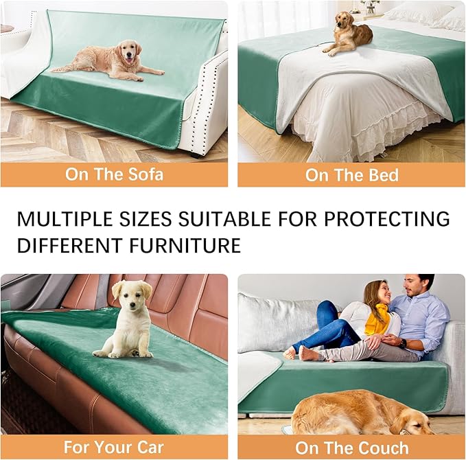 Waterproof Dog Blankets, Washable Pee Proof Pet Blanket for Couch, Soft Reversible Puppy Throw Furniture Protector Cover for Bed Sofa-52"x82",Green+Cream