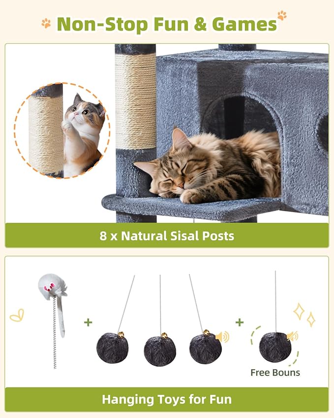 Taoqimiao Tall Cat Tree, 76-Inch Cat Tower with Scratching Posts，Sturdy Cat tree for Indoor Cats Large Adult with 2 Condos, 2 Perches, 2 Hanging Baskets, Hammock, 8 Scratching Posts, MS046G Smoke Gray