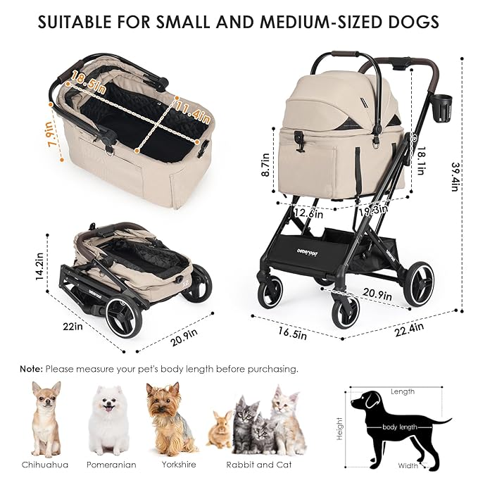 X2 Pet Stroller, Dog Cat Stroller for Small Pets, Equipped with Detachable & One-Click Folding Carrier, Waterproof Pad & Sunshade Canopy,Camel