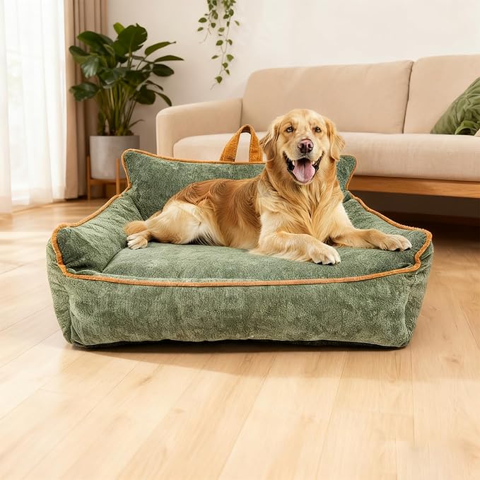Large Orthopedic Dog Sofa Bed with Sides, Carry Handle & Side Pockets .Plush Chenille Orthopedic Pet Bed Couch for Large Dogs.Portable Snuggler for Indoor Use, Travel & Recovery (Green)