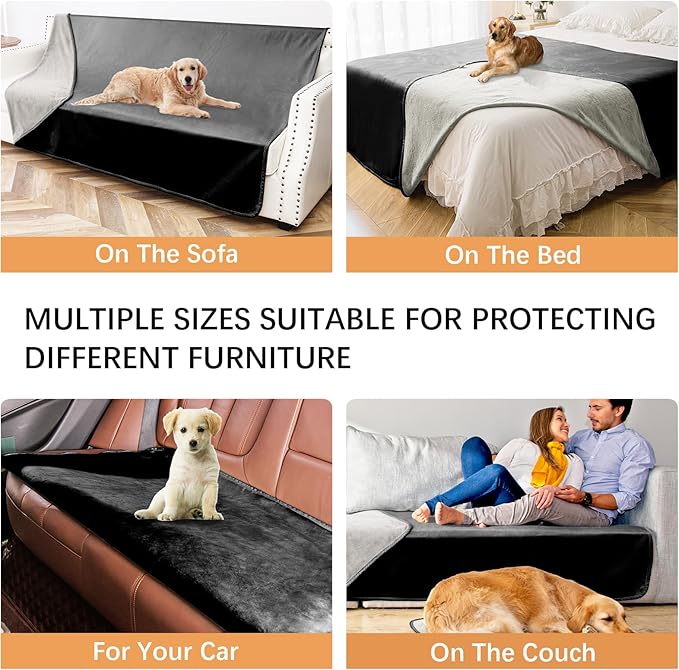 Waterproof Dog Blankets, Washable Pee Proof Pet Blanket for Couch, Soft Reversible Puppy Throw Furniture Protector Cover for Bed Sofa-52"x82",Black+Lightgrey