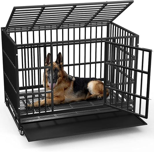 LEMBERI 42 inch Heavy Duty Indestructible Dog Crate, Escape Proof Dog Cage Kennel with Lockable Wheels,High Anxiety Double Door Dog Crate,Extra Large Crate Indoor for Large Dog with Removable Tray