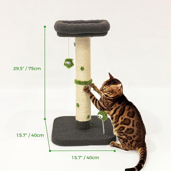 TINYBEAST 29.5" Tall Cat Scratching Post, 4-in-1 Natural Sisal Cat Scratcher with Removable Plush Perch Bed, Cat Stand Featuring Dangling Ball & Spring Ball, Cat Tree Tower for Indoor Adult Cats