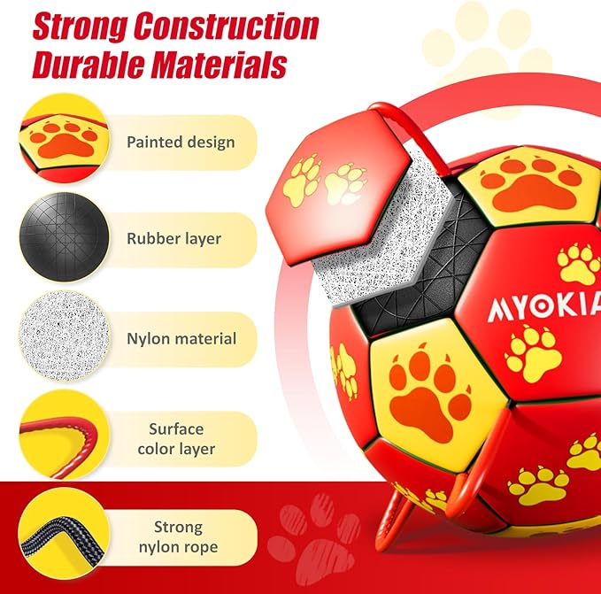 Size 2 Dog Soccer Ball with Straps Durable Training Ball for Pets Interactive Outdoor Dog Toy, Red & Yellow, Paw Prints Design, for Small to Medium Puppies, Pet Supplies
