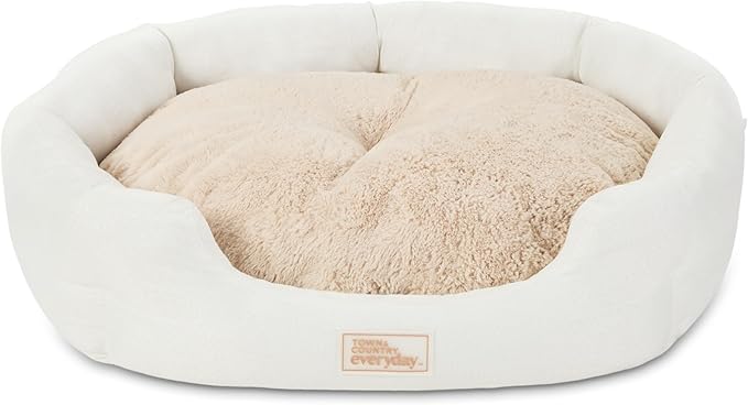 TOWN & COUNTRY EVERYDAY CuddleTown Faux Linen Comfy Cozy Cuddler Pet Bed, Supportive & Calming Egg Crate Foam, Non-Slip Bottom, Machine Washable Cover, Cream, Medium 28"x26"x8"