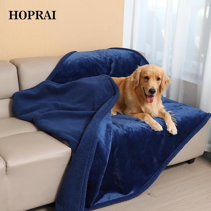 Waterproof Pet Blanket for Medium Large Dogs Washable Fluffy Thick Jacquard Shag Fleece Warm Sherpa Pet Blanket Cats Puppy Couch Protection (Navy blueXXL85*85inches)