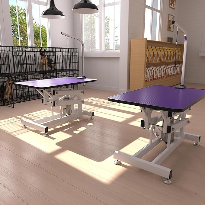 Hydraulic Dog Pet Grooming Table, 42 Inch Heavy Duty Z Lift Structure Professional Dog Grooming Table Suitable for Large Dogs at Home with Adjustable Arms, Clamps and 2 Grooming Noose, Purple