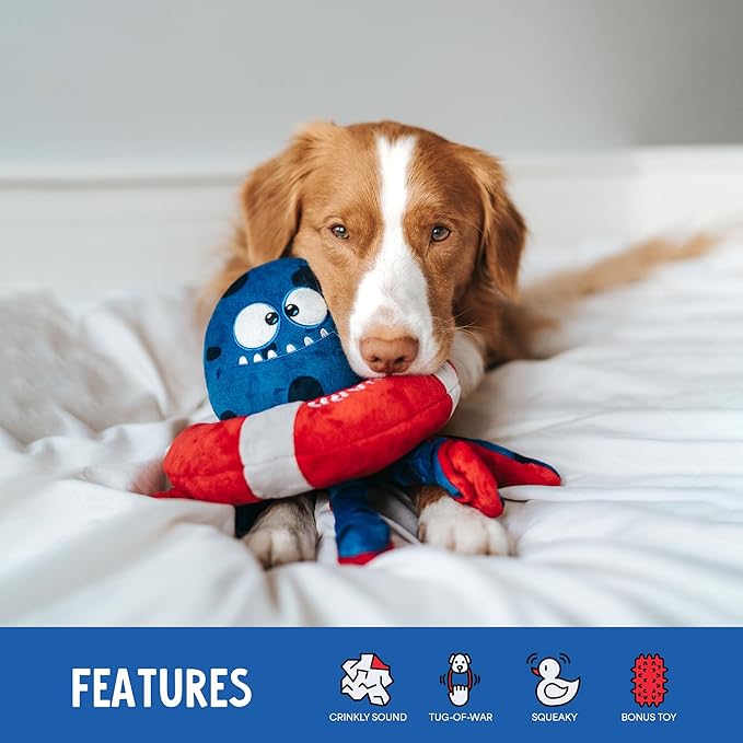 Octopus Dog Toy Set | 3-in-1 Interactive Play: Squeaky Plush with Crinkly Bungee Arms & Durable Life Ring - Large Spiky Squeaker Inside - Small to Large Dogs