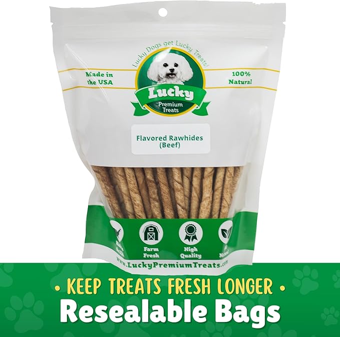 Beef Basted Rawhide Twist Sticks Dog Treats – 60ct. Premium Rawhide Chew Sticks – Long Lasting Beef Flavored Chews for Small Dogs Made in USA with Natural Beefhide