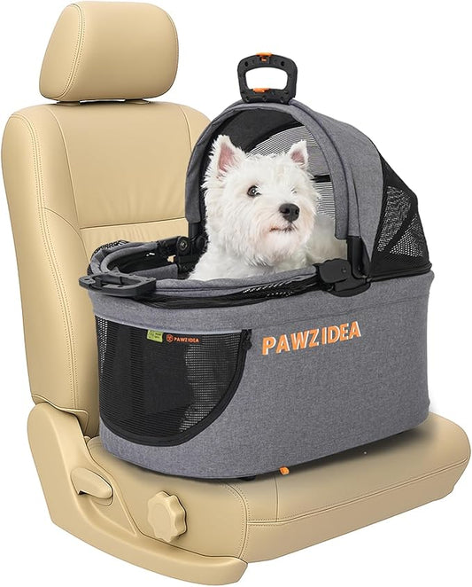 PAWZIDEA Portable Small Dog Crate for Car Travel, Enclosed Pet Car Seat for Small/Medium Dogs & Cats up 33 lb, Reversible No-Zip Canopy, Soft-Sided Pet Carrier Basket, Foldable Dog Kennel, Metal Frame