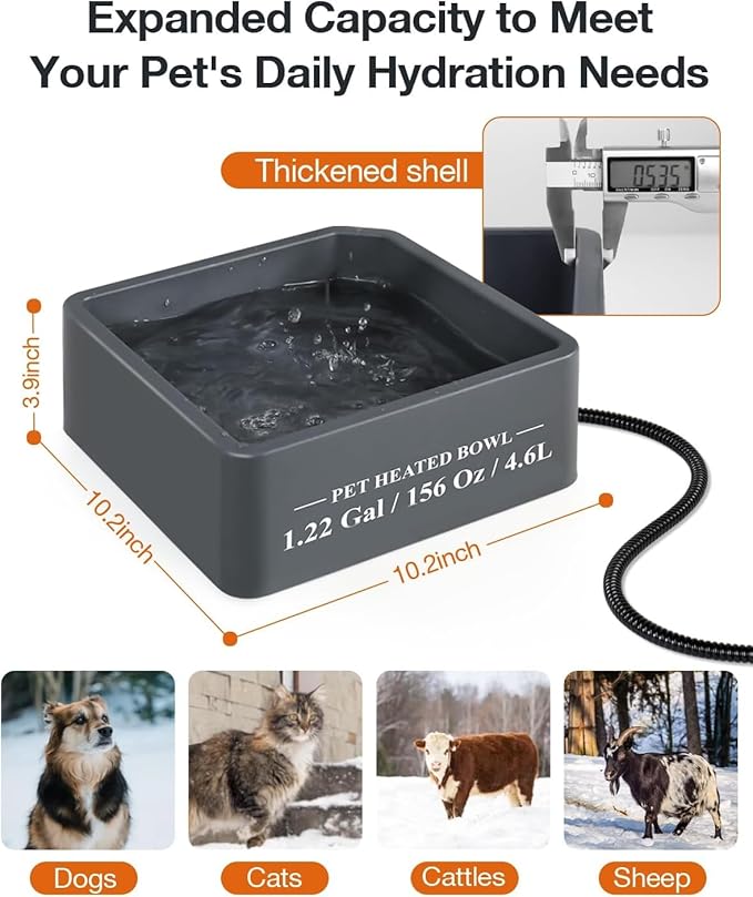 Clawsable Large Heated Dog Bowl for Outdoor Dogs Cats, Heated Water Pet Dish with 78.4" Chewproof Cord, Water Thermal-Bowl for Rabbit, Chicken, Squirrel (Light Gray, 155Oz)