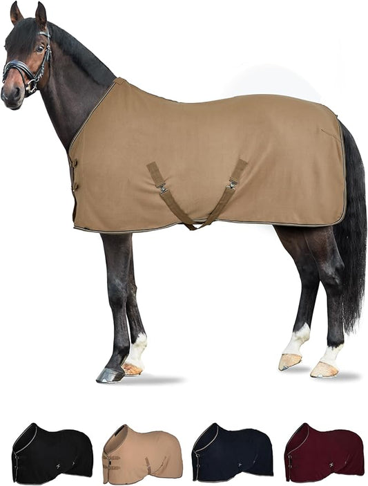 HORZE Kiel Fleece Horse Cooler Blanket | Quick-Dry Fleece Horse Cooler Sheet with X-Surcingles & Tail Cord - Tan - 69 in