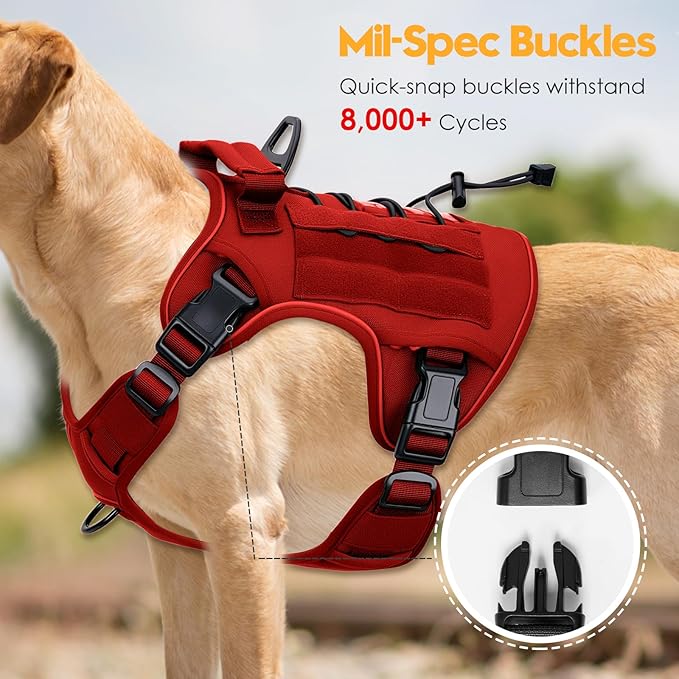 Heavy-Duty Tactical Dog Harness for Large Dogs, No Pull Adjustable Reflective Pet Vest with Molle System, K9 Military-Grade Control for Service Training, Outdoor & 10+ Breeds, Red, XX-Large