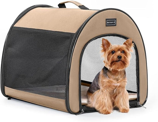 PETSFIT Portable Dog Crate, Travel Dog Crate - 19 Inch Lightweight, Roomy, Easy to Set Up, Sturdy Collapsible Dog Kennel with Thick Mat, Khaki
