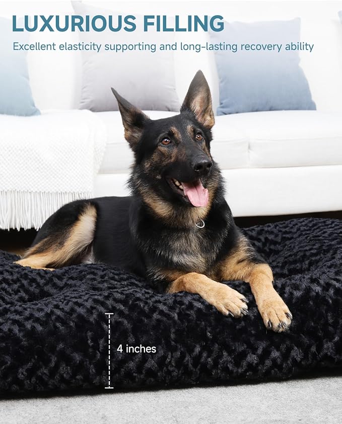 KSIIA Washable Dog Bed Anti-Slip Dog Crate Beds Deluxe Plush Kennel Pad Comfy Pet Sleeping Mat for Jumbo Dogs, 47" x 29", Black