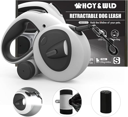 HCY&WLD Upgrade 4-in-1 Retractable Dog Leash with LED Light & Dispenser & Poop Bags, 16 ft Heavy Duty Dog Leash with Anti-Slip Handle for Dogs up to 44 lbs, 360° Tangle-Free, One Button Brake & Lock