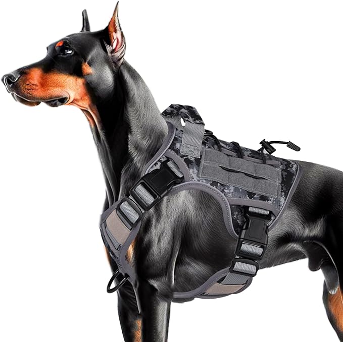 Heavy-Duty Tactical Dog Harness for Large Dogs, No Pull Adjustable Reflective Pet Vest with Molle System, K9 Military-Grade Control for Service Training, Outdoor & 10+ Breeds, Gray Camo, Medium