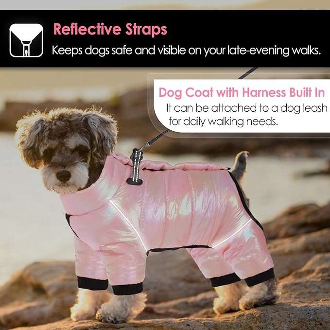 AOFITEE Dog Coat, Waterproof Dog Winter Jacket, Warm Fullbody Dogs Snowsuit, Winter Coat for Small Dogs, Zip Up Pet Puffer Jacket Fleece Vest, Outdoor Reflective Cold Weather Pet Coats, Pink L