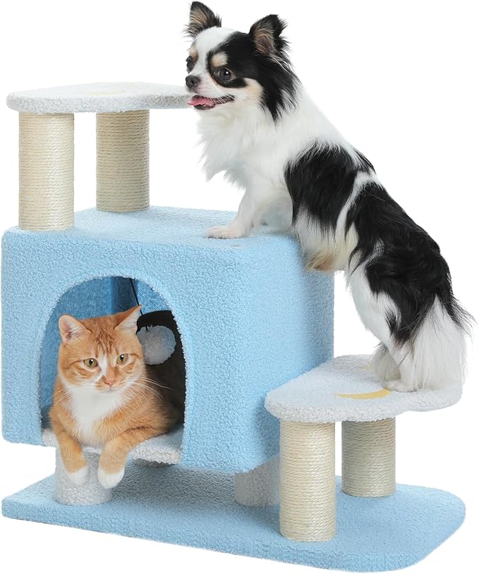 3-in-1 Cute Dog Stairs & Cat Scratching Post with Condo, Pet Steps for High Bed, Sofa, Couch, Tall Cat Tower, High-Strength Board for Indoor Small Cats Kittens Dogs Climbing Playing, 3 Steps-Blue