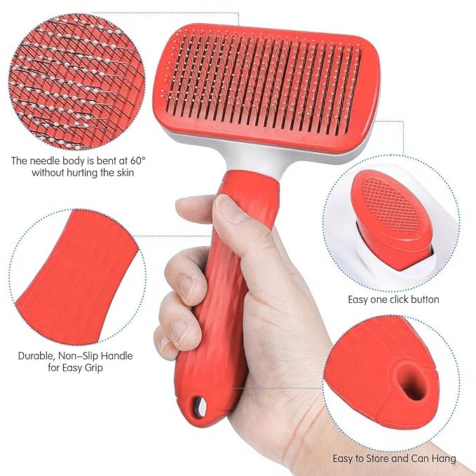 Self Cleaning Slicker Brush, Dog Cat Bunny Pet Grooming Shedding Brush, Easy to Remove Loose Undercoat, Pet Massaging Tool Suitable for Pets with Long or Short Hair (Red)