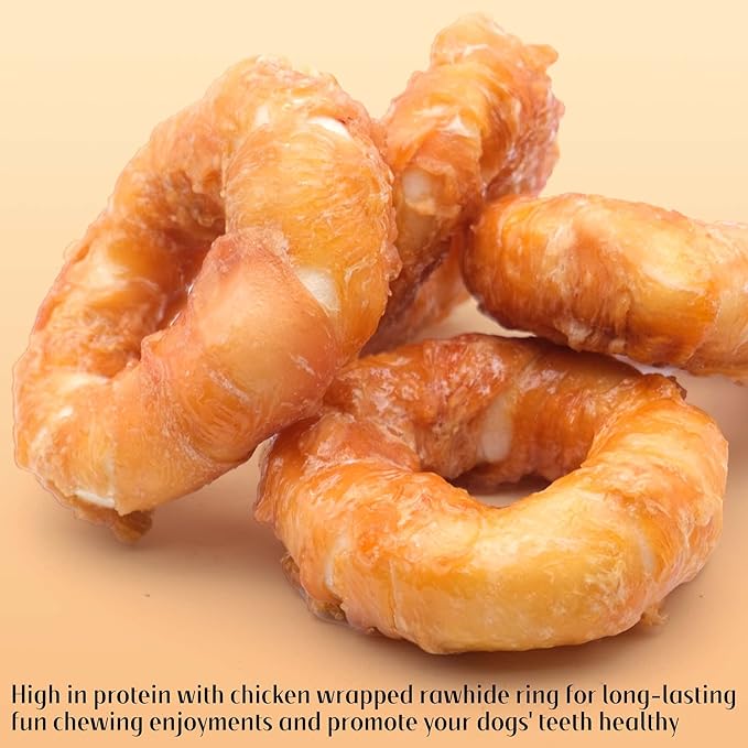 ASMPET Dog Donut Treats, Chicken Wrapped Rawhide Donuts, Dental Care Dog Chews (Pack of 4)