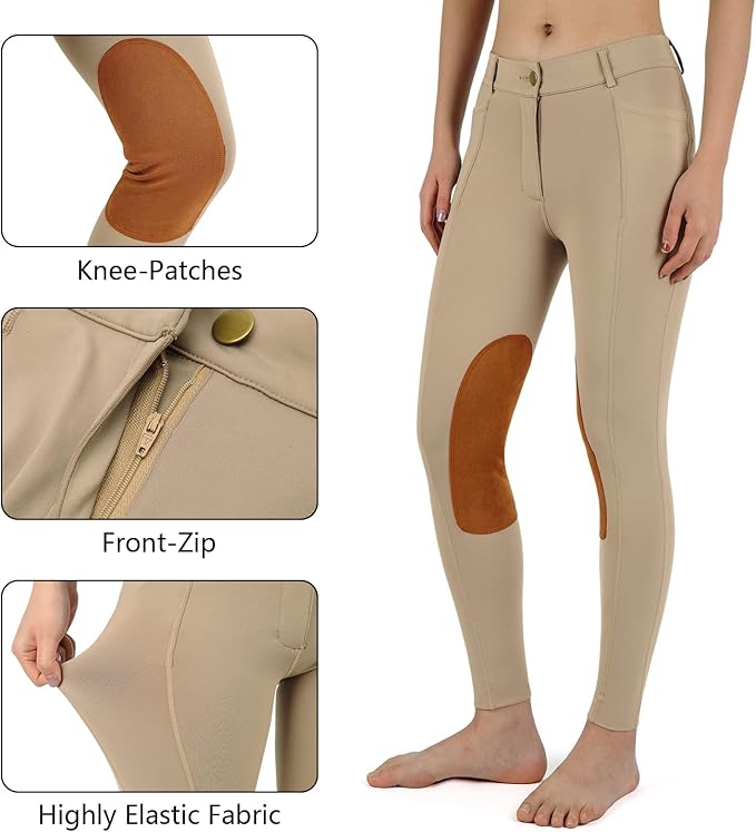 beroy Kids Horse Riding Knee-Patches Pants Girls Equestrian Front-Zip Breeches Legging with Pockets