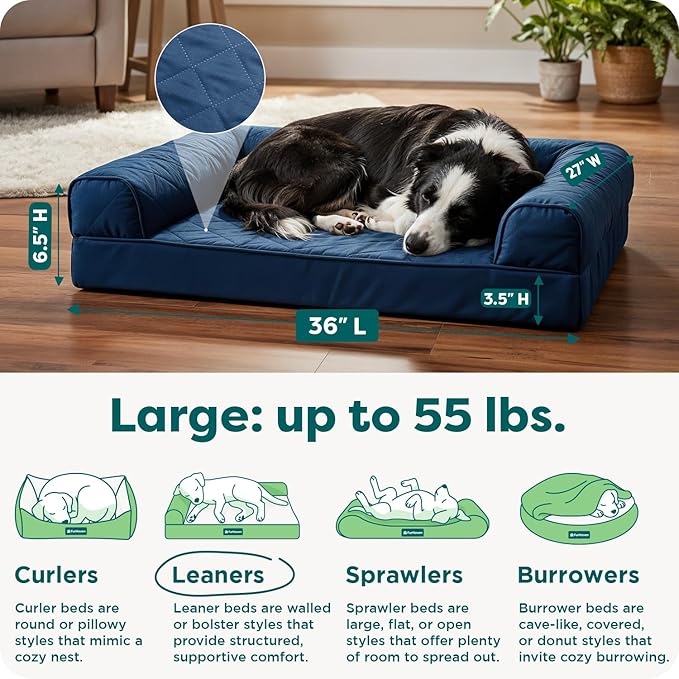 Furhaven Orthopedic Dog Bed for Large/Medium Dogs w/ Removable Bolsters & Washable Cover, For Dogs Up to 55 lbs - Quilted Sofa - Navy (Blue), Large