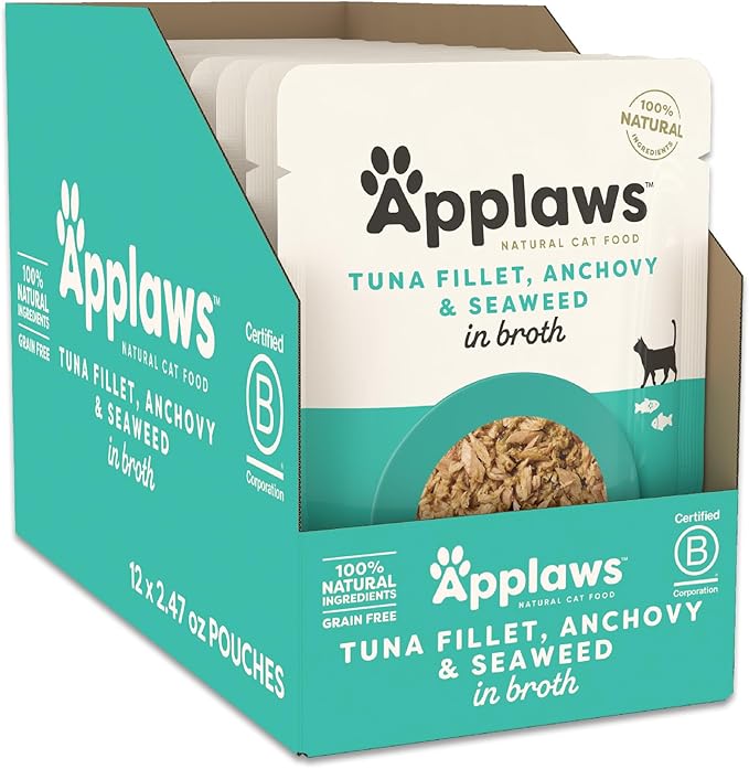 Applaws Natural Wet Cat Food in Broth, Limited and Natural Ingredients, High Protein with No Artificial Additives, Tuna Fillet, Anchovy & Seaweed in Broth (12 x 2.47oz Pouches)