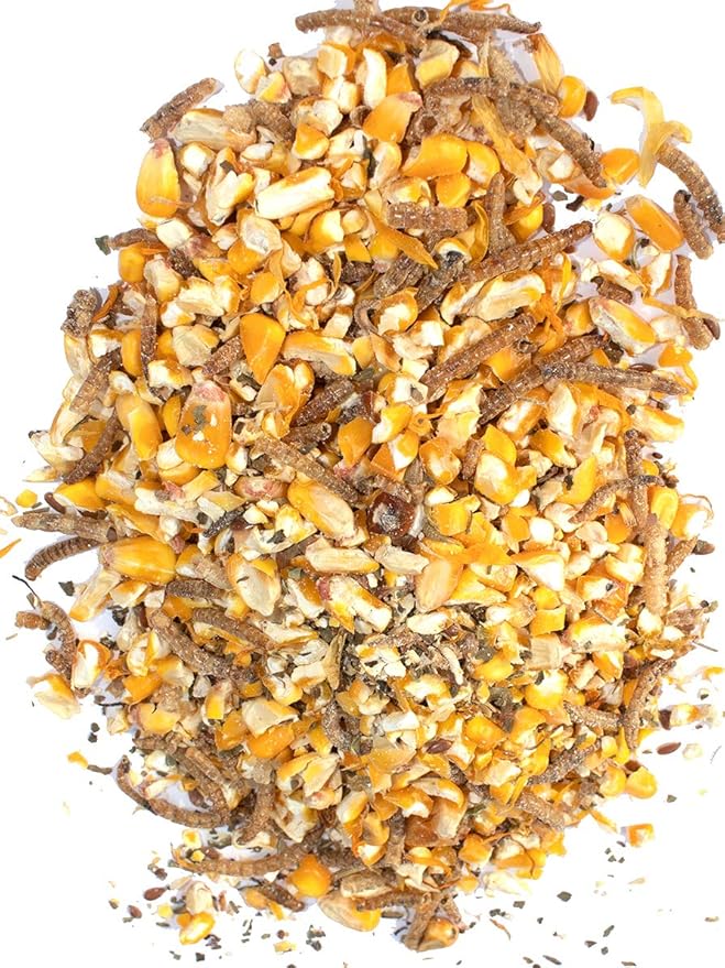 Pampered Chicken Mama Non-GMO Mealworm, Corn, Flax, & Herb Treat for Backyard Chickens, Healthy Layer Feed & Supplies for Pet Chickens Poultry Queen Treat for Hens (3 pounds)