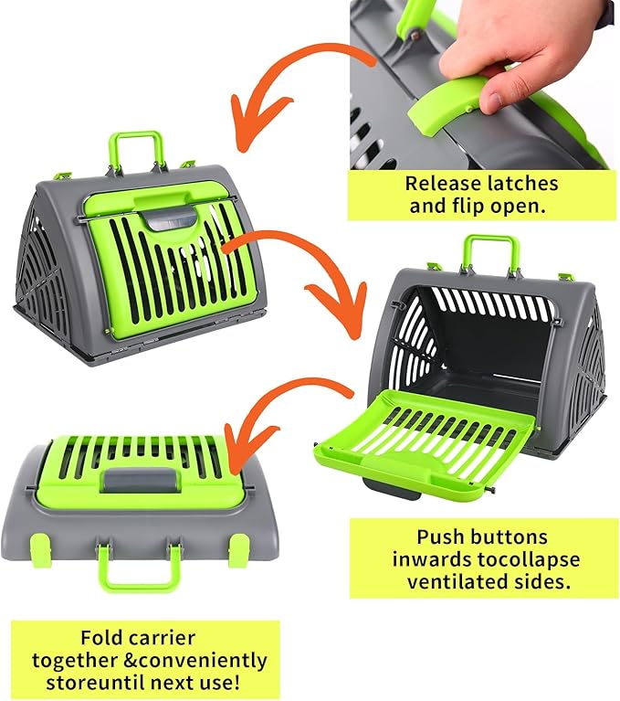 Foldable Travel Cat Carrier, Small Cat Carrier Hard Up to 25lbs, 18" Lx14.5 Wx14 H Front Open Type Plastic Cat Carriers, Green