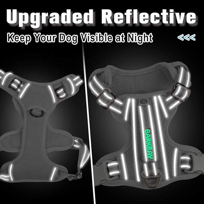 BARKBAY Dog Harness No Pull with ID Tag Pocket - Heavy Duty, Reflective, Easy Control for Large Dogs(Grey,L)