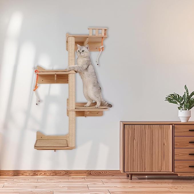 KVIDA Cat Wall Shelves for Large Cats – 7PCS Solid Wood Wall-Mounted Cat Tree with 3 Sisal Posts, Wide Perches & Lookout Tower, Space-Saving Climbing Furniture for Indoor Homes