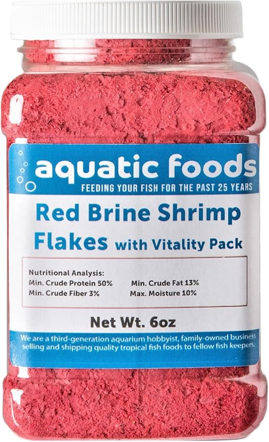 Aquatic Foods Inc. Red Brine Shrimp Color Enhancing Flakes with Vitamin Vitality Pack, Premium Zeigler Flakes…6oz Med Jar