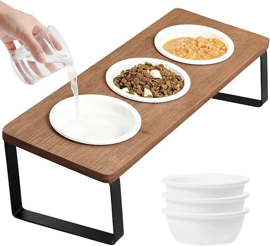 Sunhoo Elevated Cat Bowls for Indoor Cats Raised Tilted Food Water Kitty Dish Stand with 6 Ceramic Bowl Set Orthopedic Wooden Pet Feeder Feeding Sation Reduces Vomiting 4.7in Easy Assembly(Brown)