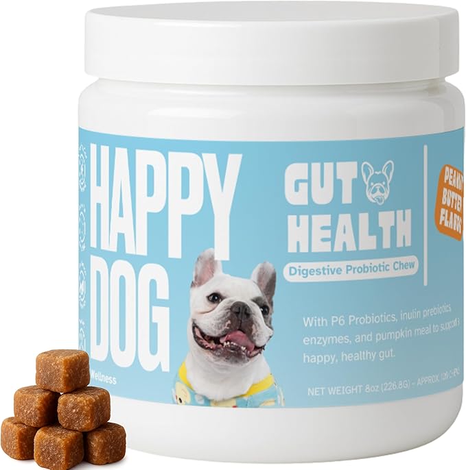 Probiotics for Dogs – Gut Health by Happy Dog | Organic, Vegan Probiotic Soft Chews with Prebiotics for Digestion, Immunity & Itchy Skin Relief | 120 Soft Chews Peanut Butter Flavor