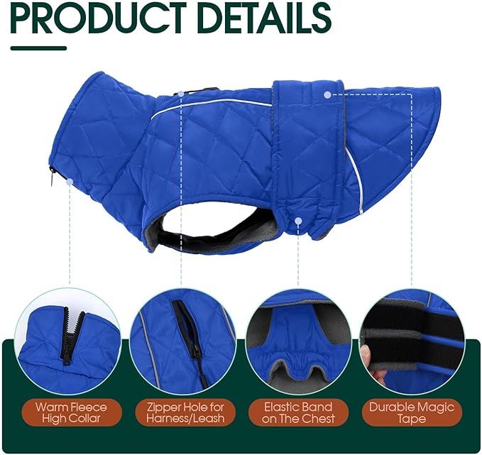 Kuoser Dog Coat, Super-Warm Dog Jacket Windproof Pet Cold Weather Coats for Extra Large Dogs, Fleece Lining Quilted Turtleneck Puppy Snowsuit Reflective Adjustable Doggie Winter Clothes, Blue, 2XL