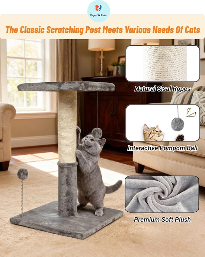 Happi N Pets 26" Cat Scratching Post with Perch, Natural Sisal Scratchers Trees for Indoor Cats, Featuring with Hanging Balls & Cozy Cat Bed, Stable Cat Scratch Posts for Kittens-Light Gray